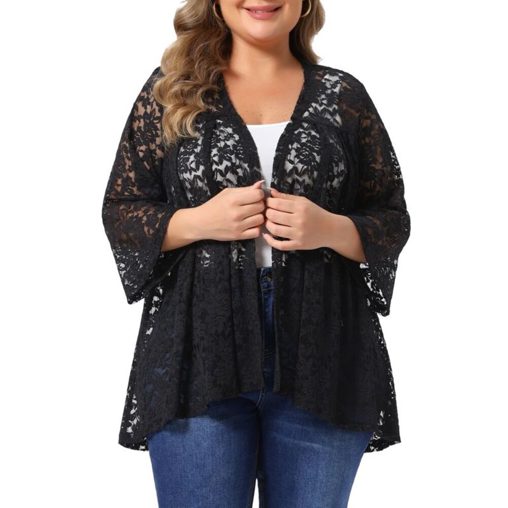 Women Plus Size Open Front 3/4 Bell Sleeve Lace Cardigans Black